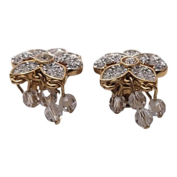 Vintage Swarovski Signed Clip On Earrings Gold Tone Crystals - Picture 2 of 4